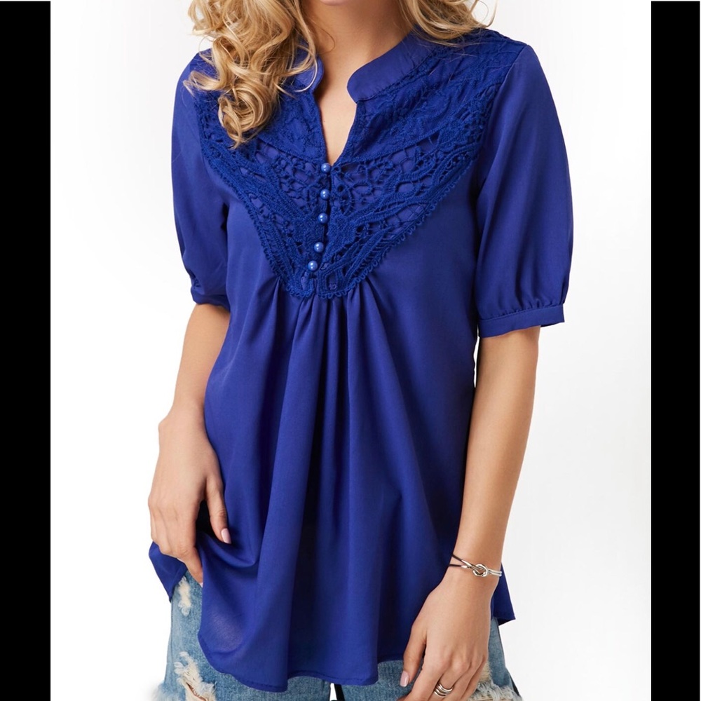 Split Neck Lace Panel Blouse